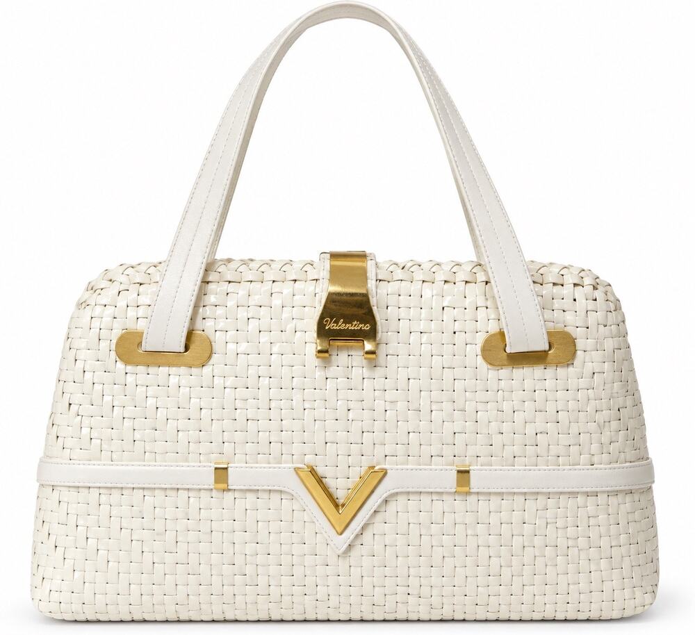 Vintage Mario Valentino White Woven Handbag Made in Italy Gold V Hardware